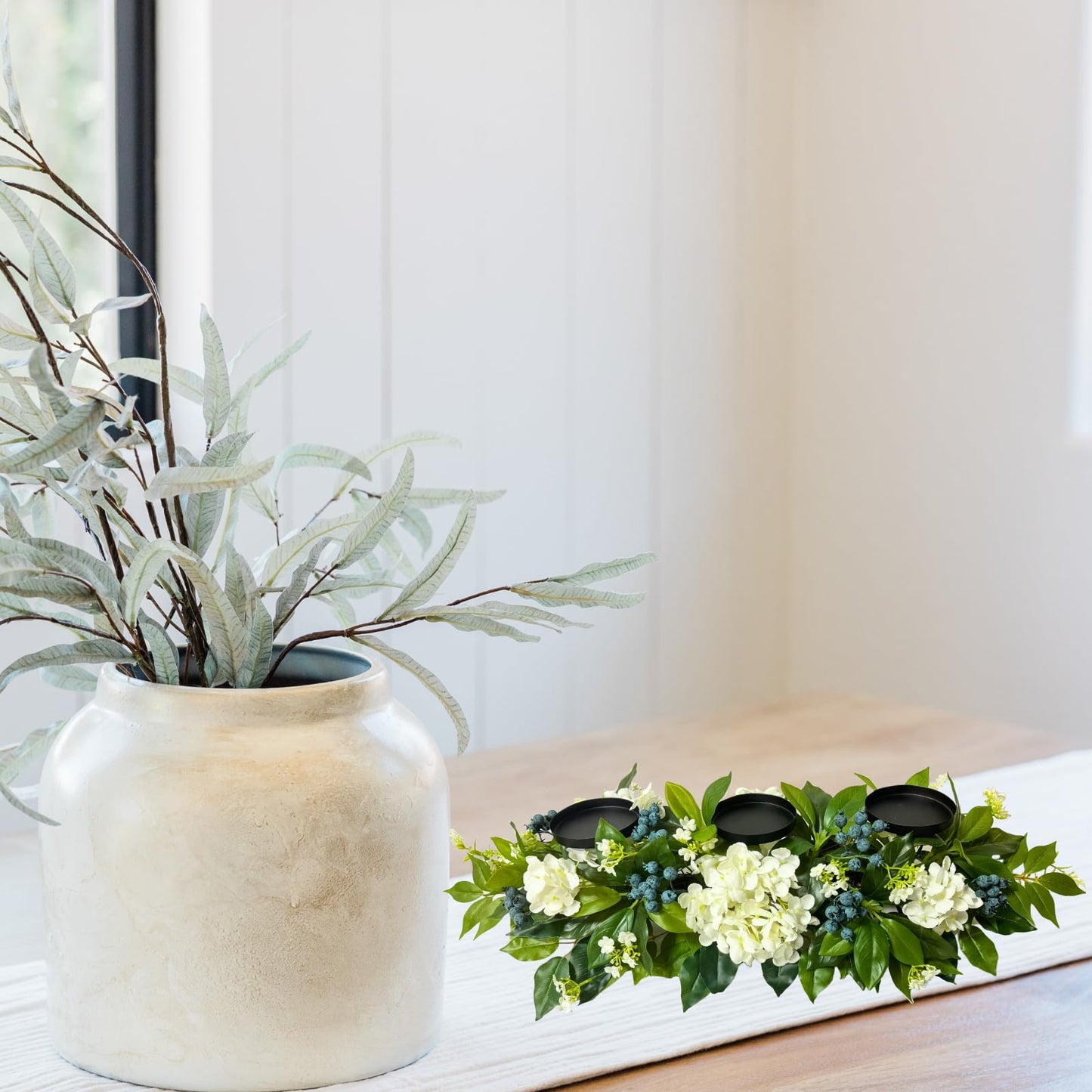 Svndlyn All Season Candle Holder Centerpiece for Table with Artificial Blueberry,White Hydrangea and Eucalyptus Leaf for Table Centerpiece Decor,Dining Room,Party Home Decor