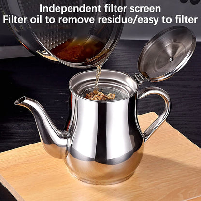 Stainless Steel Oil Filter Pot, 24/32/48oz Cooking Grease Container, Bacon Grease Container with Fine Mesh Strainer Lid for Home Kitchen Cooking Storing Frying Oil Cooking Grease (48oz)