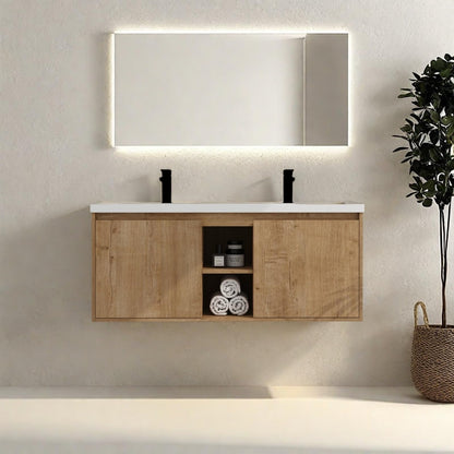 Trygoal Floating Bathroom Vanity, 48" Bathroom Storage Cabinet with Double Resin Sinks, 2 Soft-Close Doors & 2 Open Storage Shelves, Modern Wall-Mounted Vanity with 45° Bevel Handles, Oak