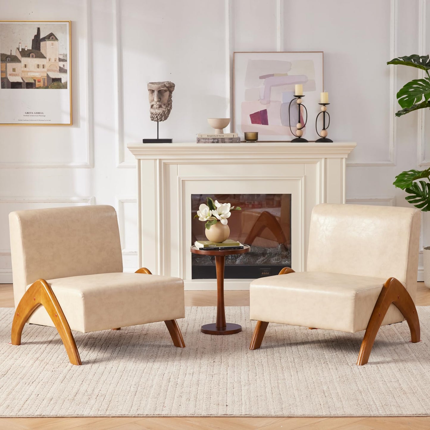 MILCIL Oversized Accent Chair, upholstered armless mid Century Modern Living Room Chair with Wooden Legs for Bedroom/Office/Cafe, Faux Leather Ivory