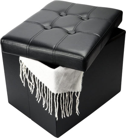 17x13x13in,Black Bsketa Storage Ottoman, Folding Foot Stool with Thicker Foam Padded Seat Small Leather Storage Ottoman