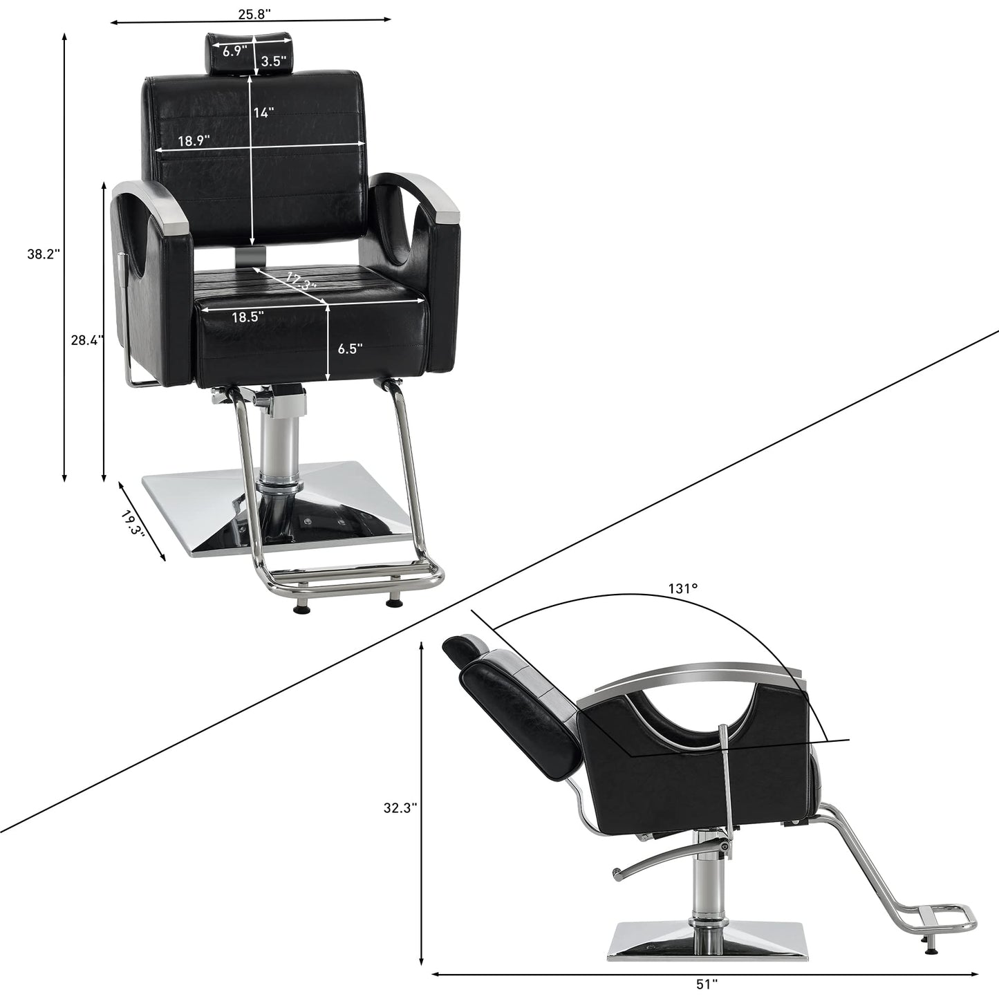 BarberPub Barber Chair for Barbershop,Reclining Salon Chair for Hair Stylist 9180 (Black)