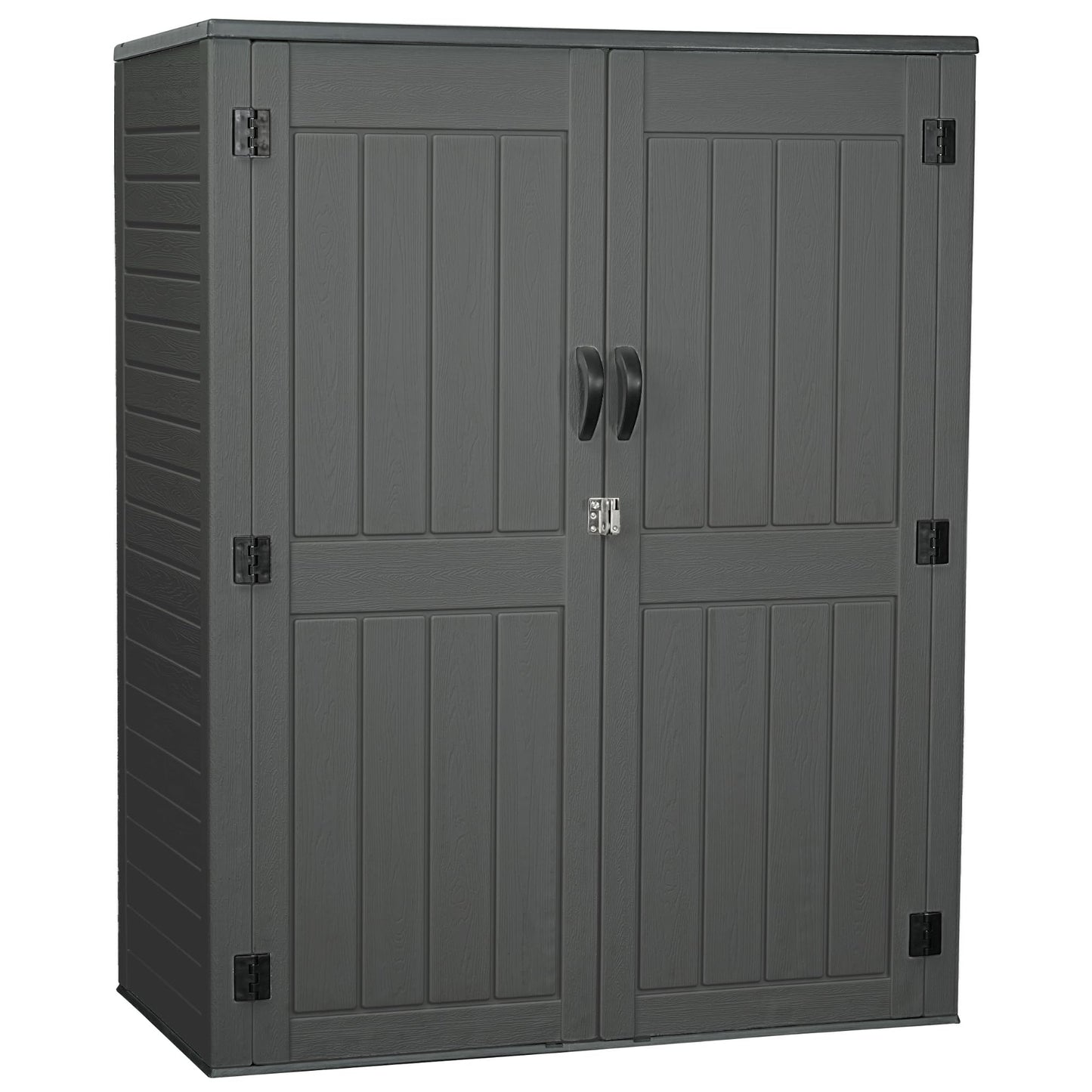 EHHLY Vertical Resin Storage Shed with 2 Shelves, 60 Cuft Garden Tool Sheds & Outdoor Storage, Plastic Outdoor Storage Cabinet Waterproof, 4.5 x 2.3 ft Backyard Outside Lawn Mower Storage Shed, Grey
