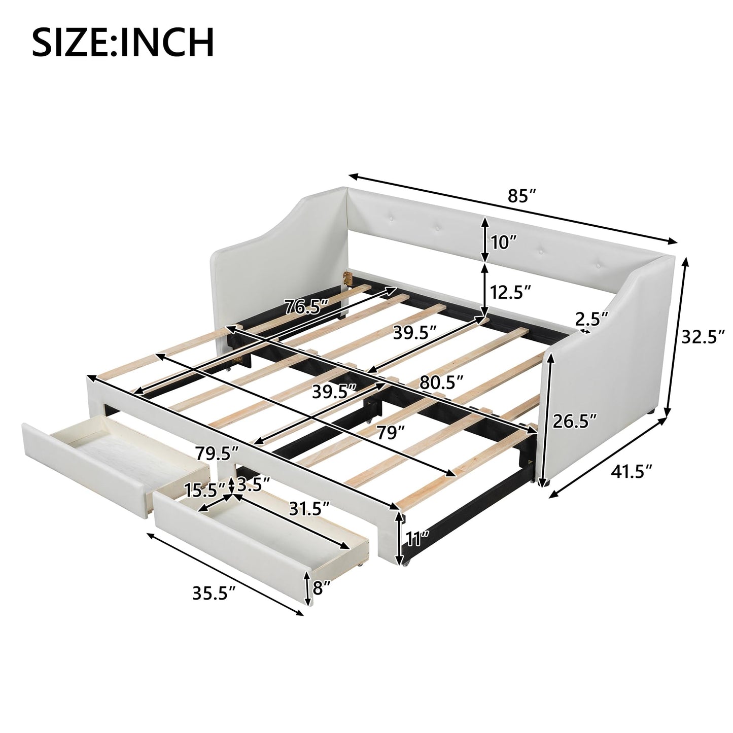 Twin XL to King Size Upholstered Daybed with Linen Fabric, 2 Storage Drawers, Extendable Platform Bed with Foam-Padded Back and Armrests, Sturdy Pine and MDF Frame, Sofa Bed for Users, Beige