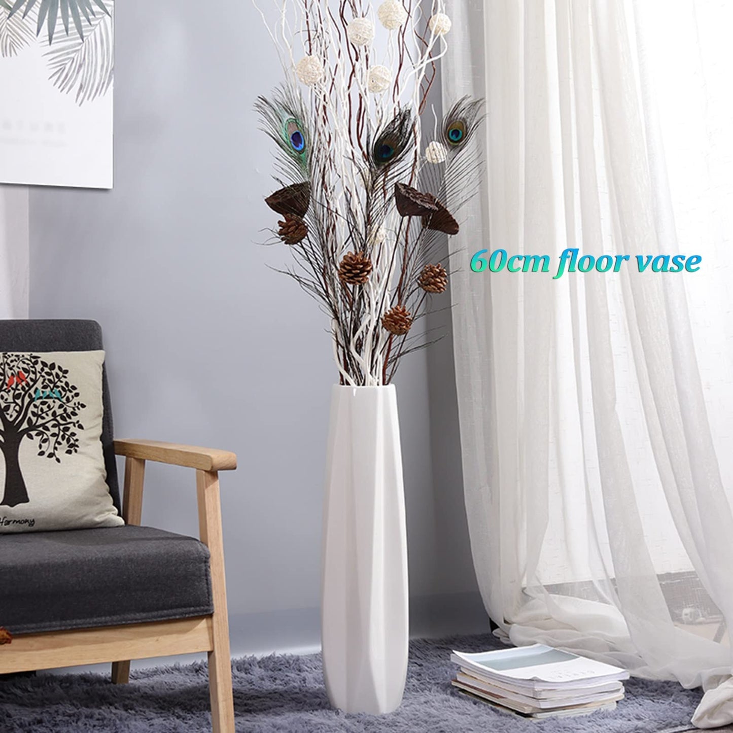 Floor Vase Ceramic Vase,Decorative Large,Floor,Large Floor Vase,White Ceramic Vase,Handcrafted,Sophisticated Vessel for Decorative Branches and Dried Flower,WHI,White-61cm
