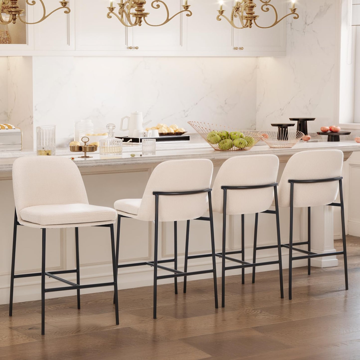 MALOL Bar Stools Set of 4, Modern Upholstered Counter Height Bar Chairs with Cushioned Seat and Curved Back, Fabric Kitchen Island Stools with Sturdy Metal Legs for Dining Room Island Bar, Beige