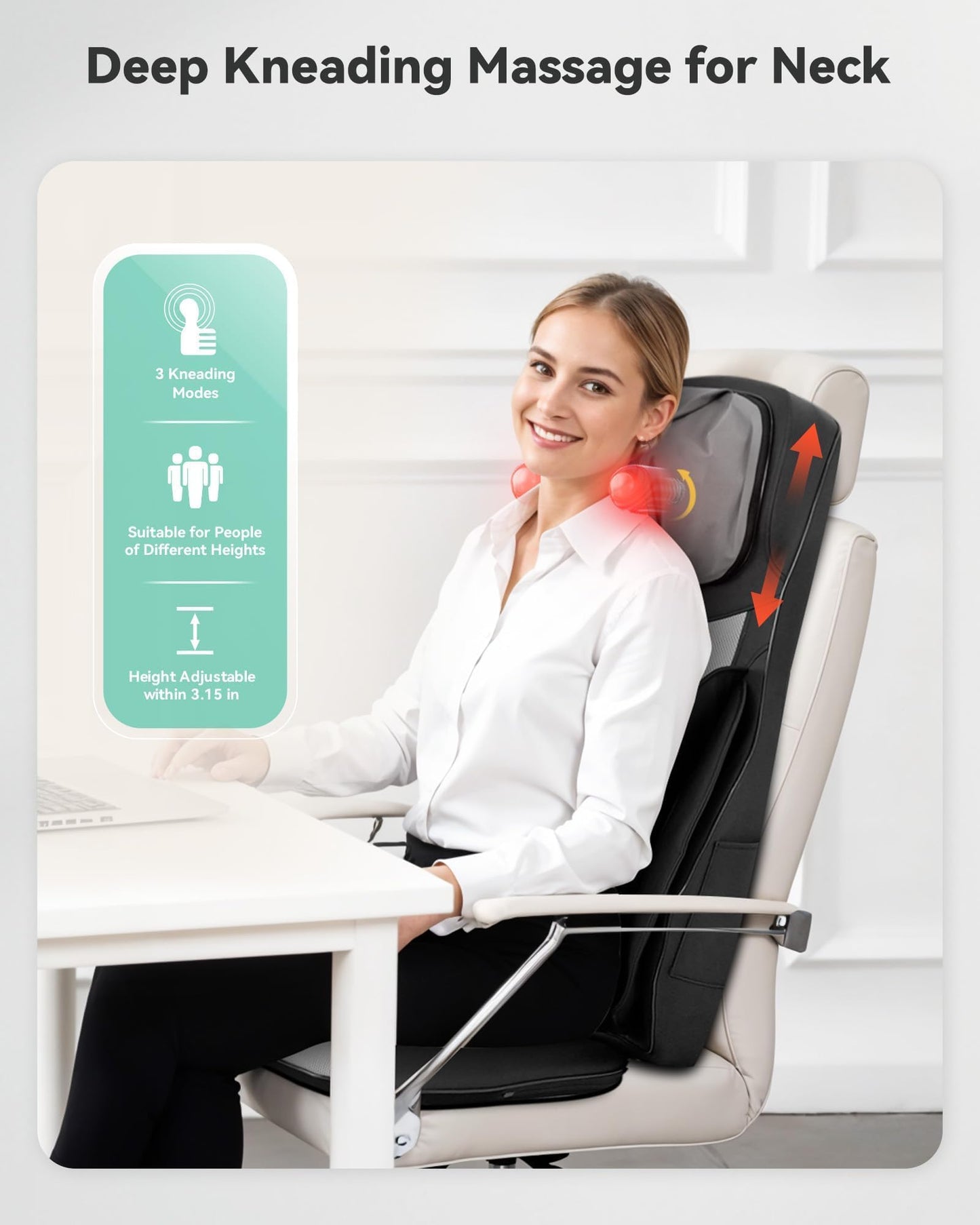 Snailax Shiatsu Neck Back Massager with Heat, Massage Chair Pad with Compression, Height-Adjustable Neck Massage Rollers Chair Seat Massager, Gifts for Men, Women