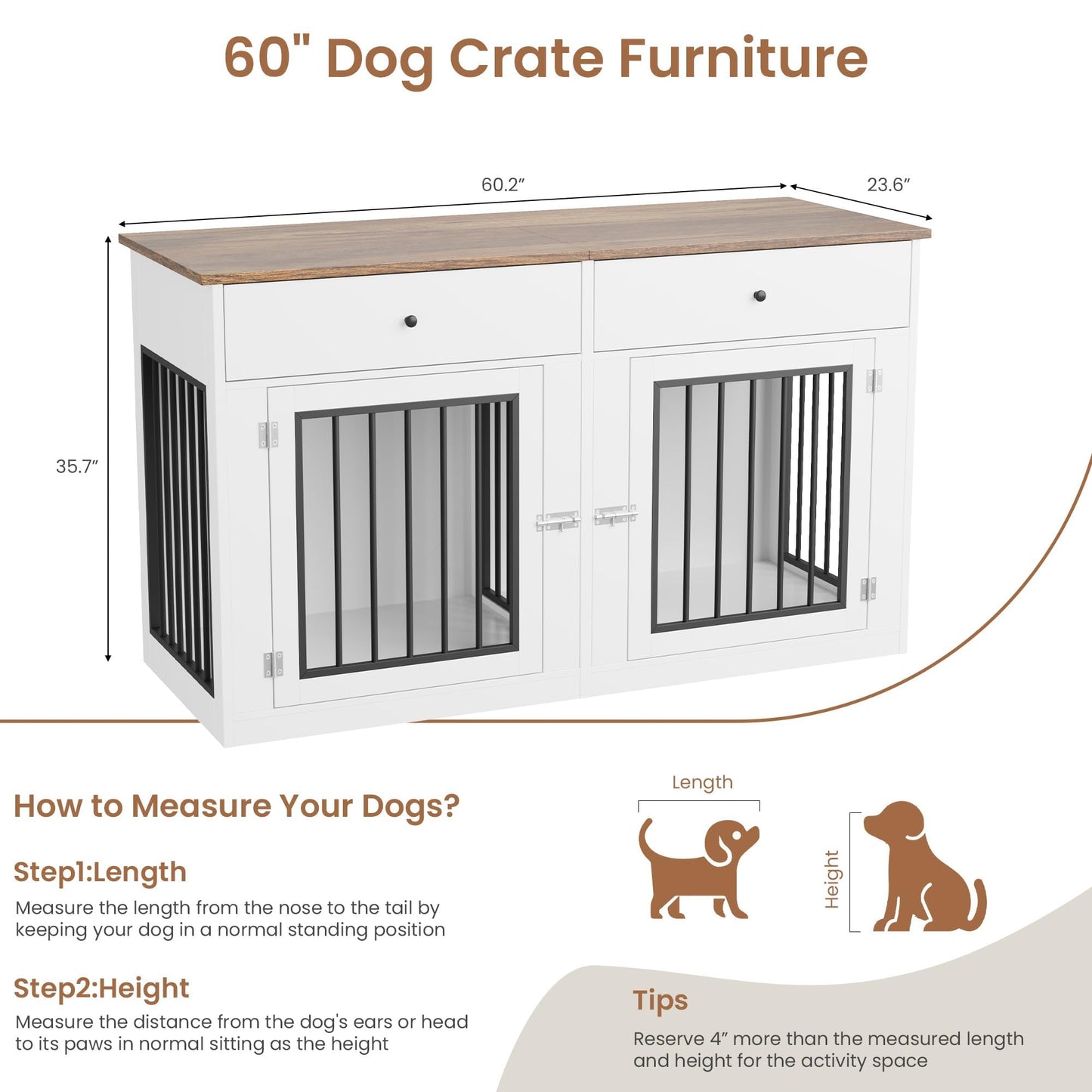 Dog Crate Furniture for 2 Dogs, 60" Farmhouse Dog Kennel Furniture with 2 Large Drawers, Indoor Dog Cage & TV Stand, Wooden Double Dog Crates for Small Medium Dogs, White