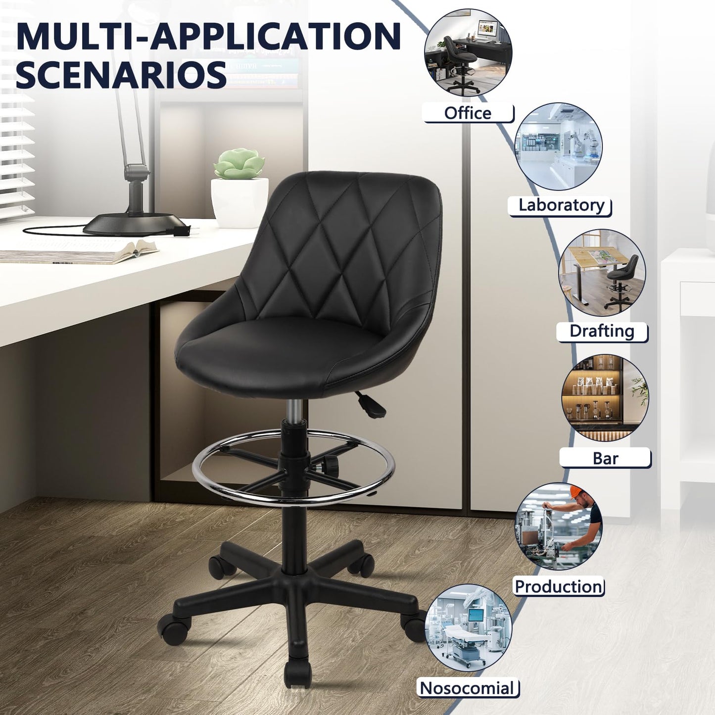 KLASIKA Drafting Chair with Backrest and Wheels, Adjustable Footrest Height Rolling Stool, PU Leather Tall Swivel Chairs Work Shop Office Desk Stools for Kitchen Home Bar, Black, 4 Pack