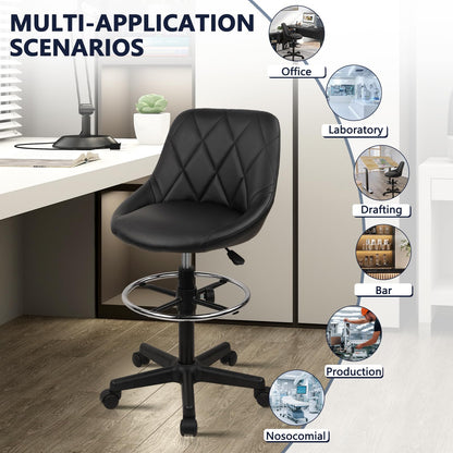KLASIKA Drafting Chair with Backrest and Wheels, Adjustable Footrest Height Rolling Stool, PU Leather Tall Swivel Chairs Work Shop Office Desk Stools for Kitchen Home Bar, Black, 4 Pack