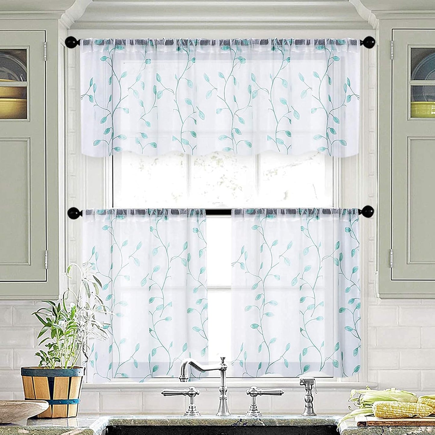 MRTREES Sheer Tier Curtains, Christmas Kitchen Tiers Rod Pocket, Leaf Embroidery Bathroom Curtain Panels, Aqua Blue
