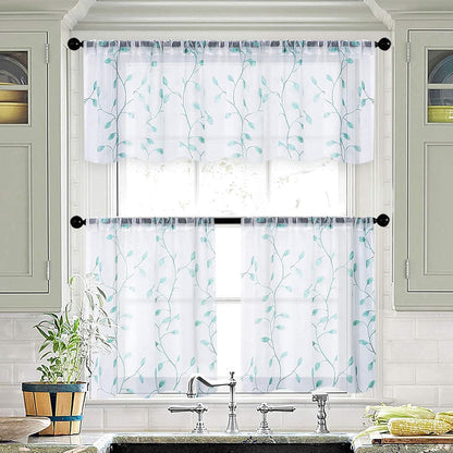 MRTREES Sheer Tier Curtains, Christmas Kitchen Tiers Rod Pocket, Leaf Embroidery Bathroom Curtain Panels, Aqua Blue