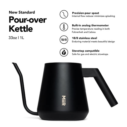 MiiR New Standard Pour-Over Kettle - Precision Angled Spout & Thermometer for Perfect Brewing, 1L Kettle for Smooth Pour-Over