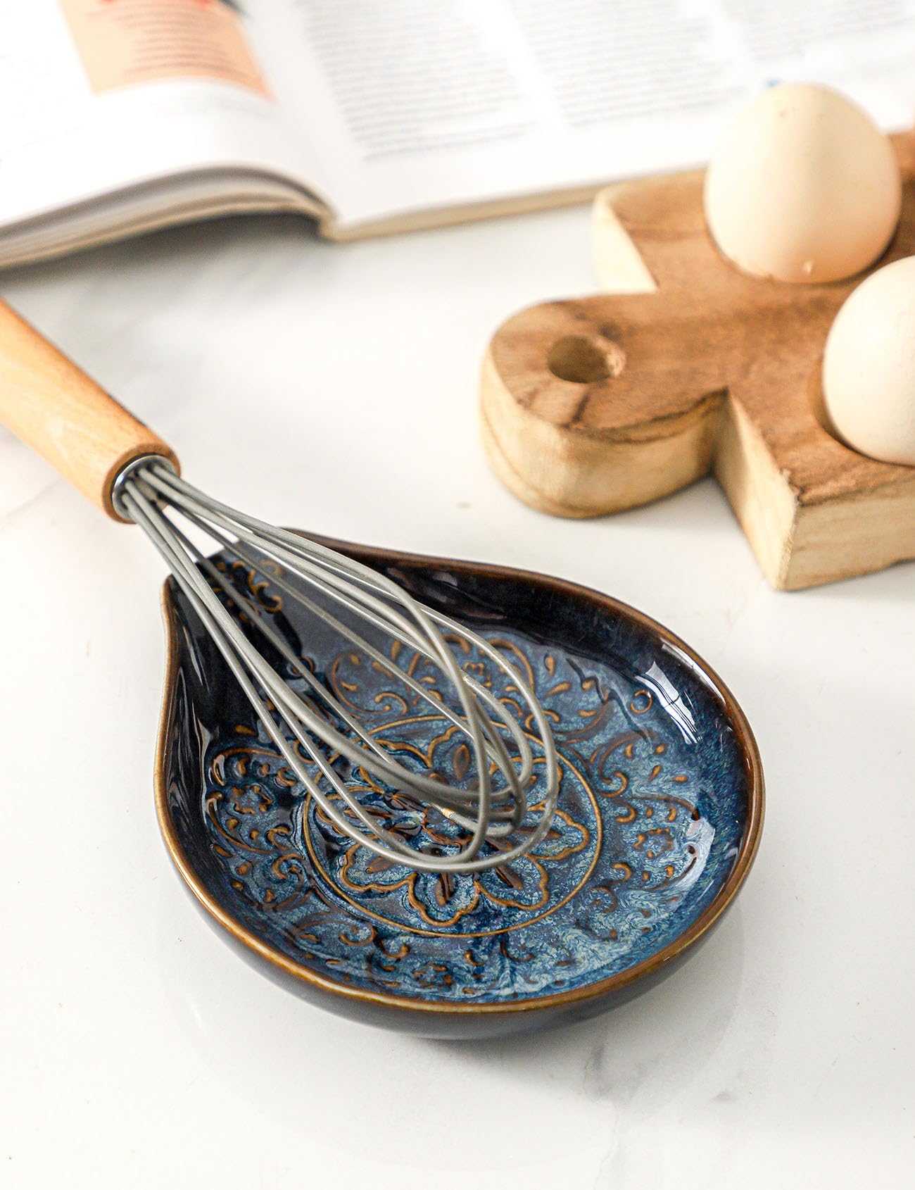 Ryfog Spoon Rest for Stove Top, Ceramic Cooking Spoon Holder for Kitchen Counter, Farmhouse Cooking Utensil Holder for Spoons, Ladles, Spatula, Glazed Blue