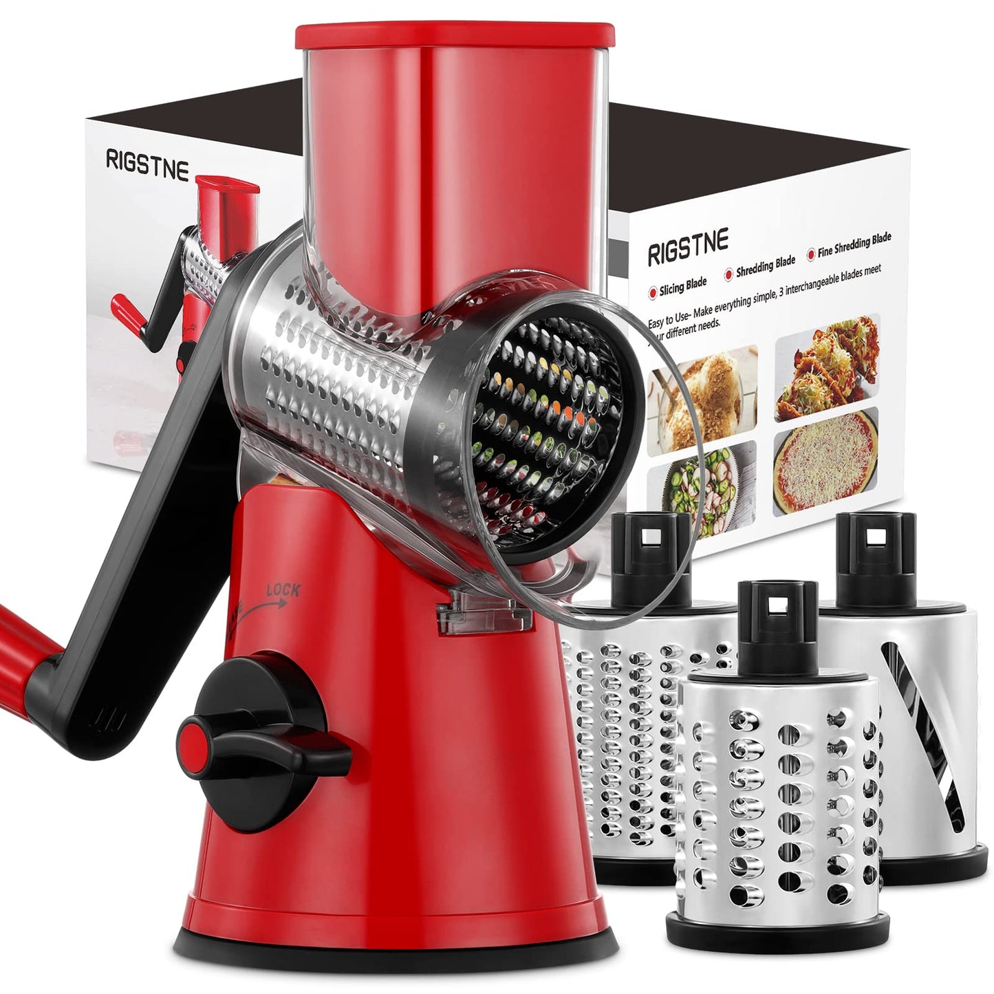 RIGSTNE Rotary Cheese Grater, 3 in 1 Cheese Shredder Grater Rotary with Handle, Vegetable Mandoline Slicer Shredder for Vegetable, Cheese, Nut