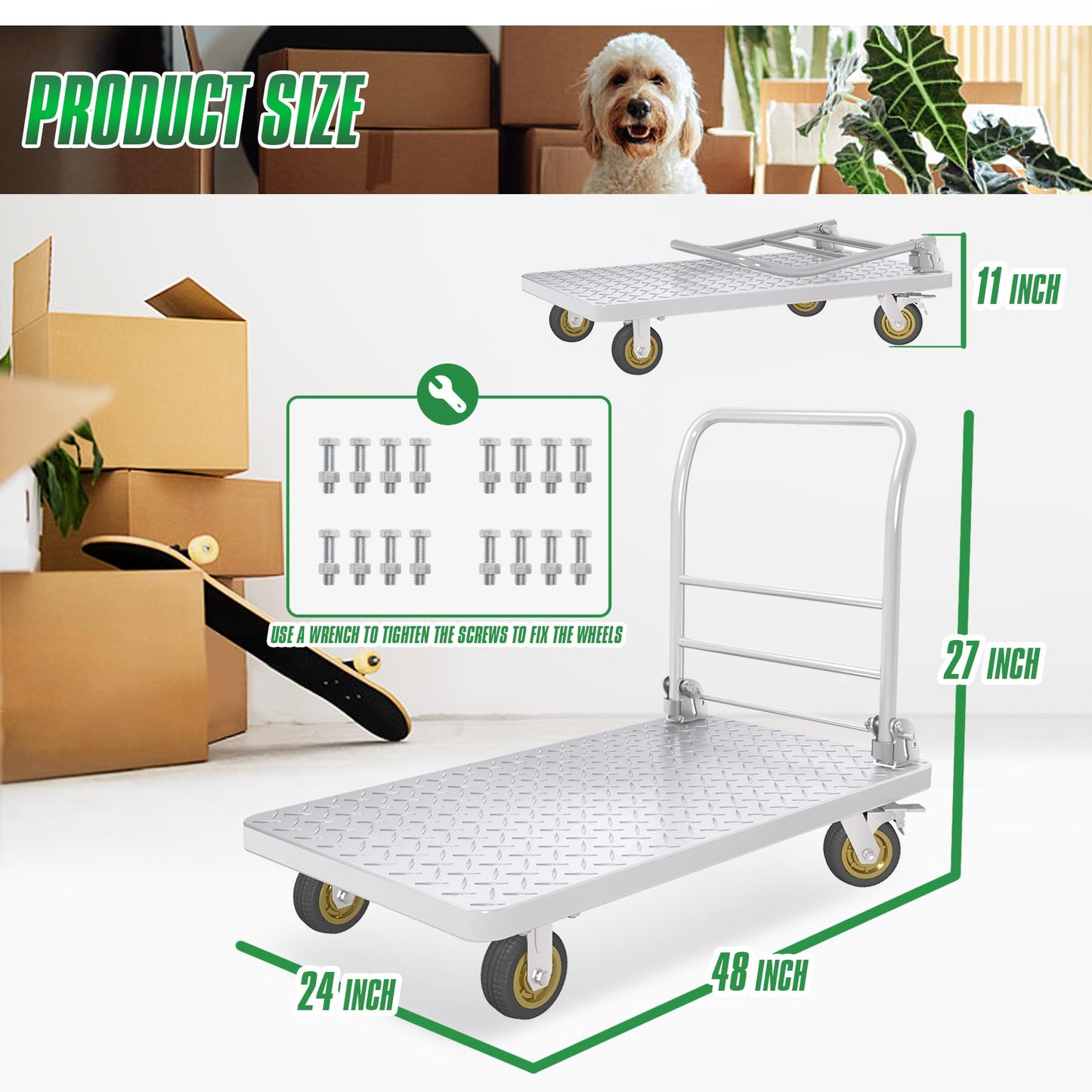 Platform Truck with Brake System 2600lbs Capacity Heavy Duty Push Cart Dolly Foldable Flatbed Cart with 5'' Swivel Wheels Large Steel Platform Dolly Cart for Groceries, Garage, Warehouse (24" x 48")