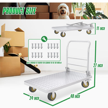 Platform Truck with Brake System 2600lbs Capacity Heavy Duty Push Cart Dolly Foldable Flatbed Cart with 5'' Swivel Wheels Large Steel Platform Dolly Cart for Groceries, Garage, Warehouse (24" x 48")