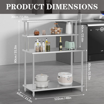 48"x24" Stainless Steel Work Table with 2-Tier Adjustable Overshelves, Commercial Prep Table for Kitchen, Restaurant, Garage, Laundry, Utility Room