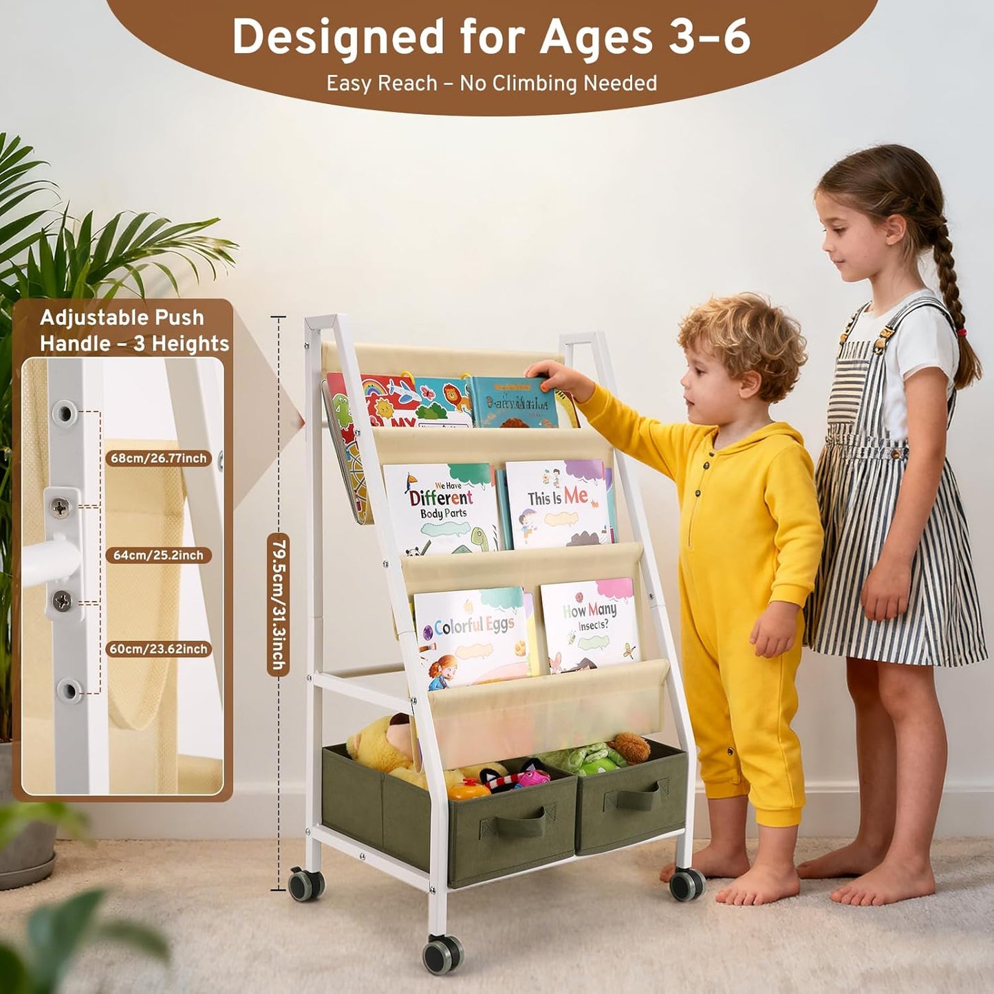 EARLY MINDS 3-Tier Kids Bookshelf with Storage, Wheels & Handle, Montessori Sling Book Organizer for Toddlers