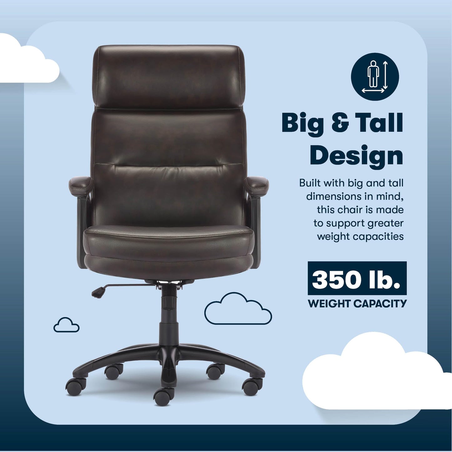 Serta Comfort Executive Big & Tall Office Chair, Ergonomic High-Back Computer DeskChair, Semi Plush Cushion Seat, Soft Padded Armrests, SertaQuality Foam, Metal Swivel Base, Bonded Leather, Black