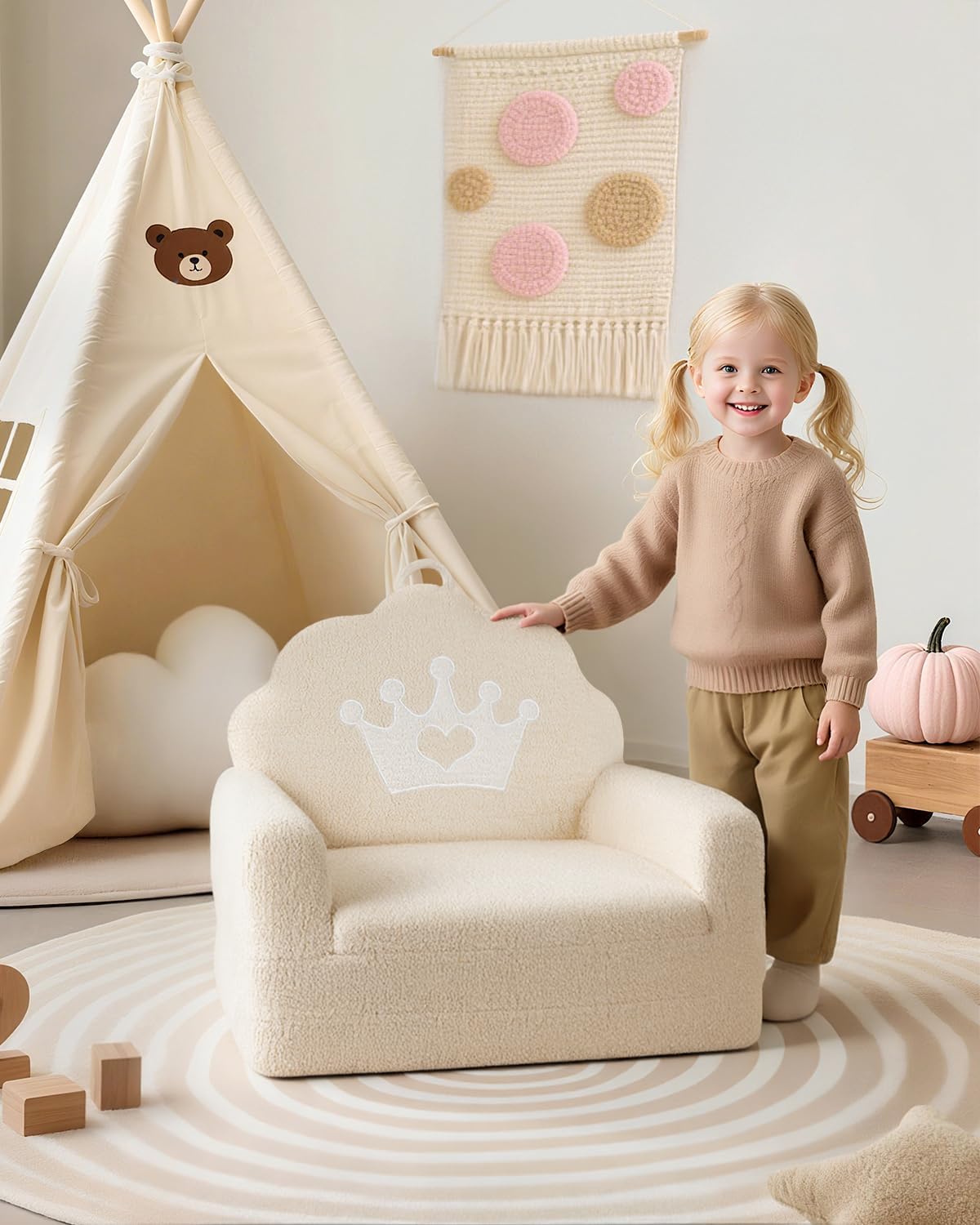 2-in-1 Cozy Kids Couch Fold Out, Soft Teddy Sherpa Toddler Couch with Crown Design, Convertible Kids Sofa to Lounger