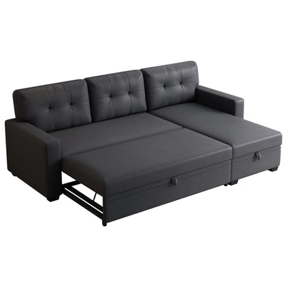 KTATK L-Shape 82" Linen Upholstered Pull Out Sectional Sofa with Storage Chaise,Can be Converted into a Twin Size Sleeper Bed W/Removable Back Cushions,for Living Room,Apartment,Office,Dark Gray