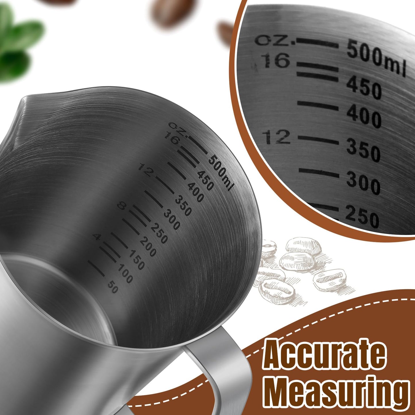Copkim 4 Pcs Stainless Steel Pitcher with Handle and Pour Lip 16OZ, 500ML, 2 Cup Metal Liquid Measuring Cup Measuring Jug Milk Frothing Pitcher for Milk Latte Art Water Pouring