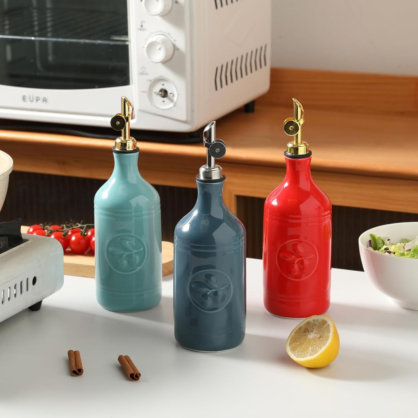 16 Oz 1 Pack(Red, Sweejar Ceramic Olive Oil Dispenser Bottle, Oil Dispenser for Kitchen with Gravity Spout, Relief