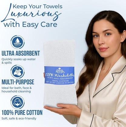 24 Pack [12x12] 100% DAN RIVER Wash Cloths for Showering - Cotton Washcloths Premium Quality Flannel Face Cloths