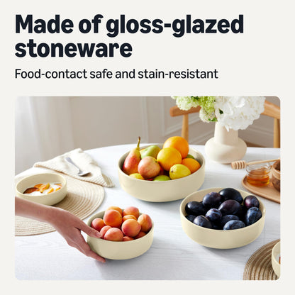 Amazon Basics Glazed Stoneware Serving Bowls, 3-Piece Set, Dishwasher-Safe, Microwave-Safe, Freezer-Safe, Stain-Resistant, Ivory
