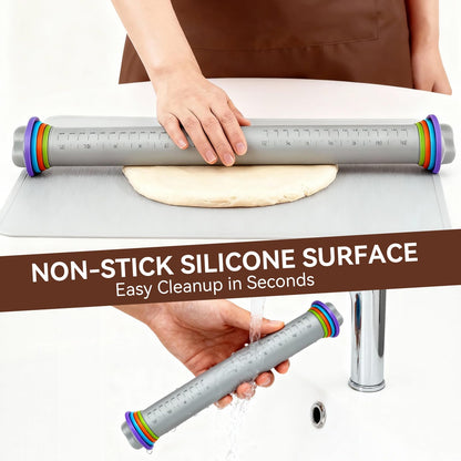 Adjustable Rolling Pin with Thickness Rings, 12.8" Silicone Non Stick Dough Roller for Pizza, Pastry, Fondant, Pie Crust, Baking Tool with Stainless Steel Core, Easy Clean