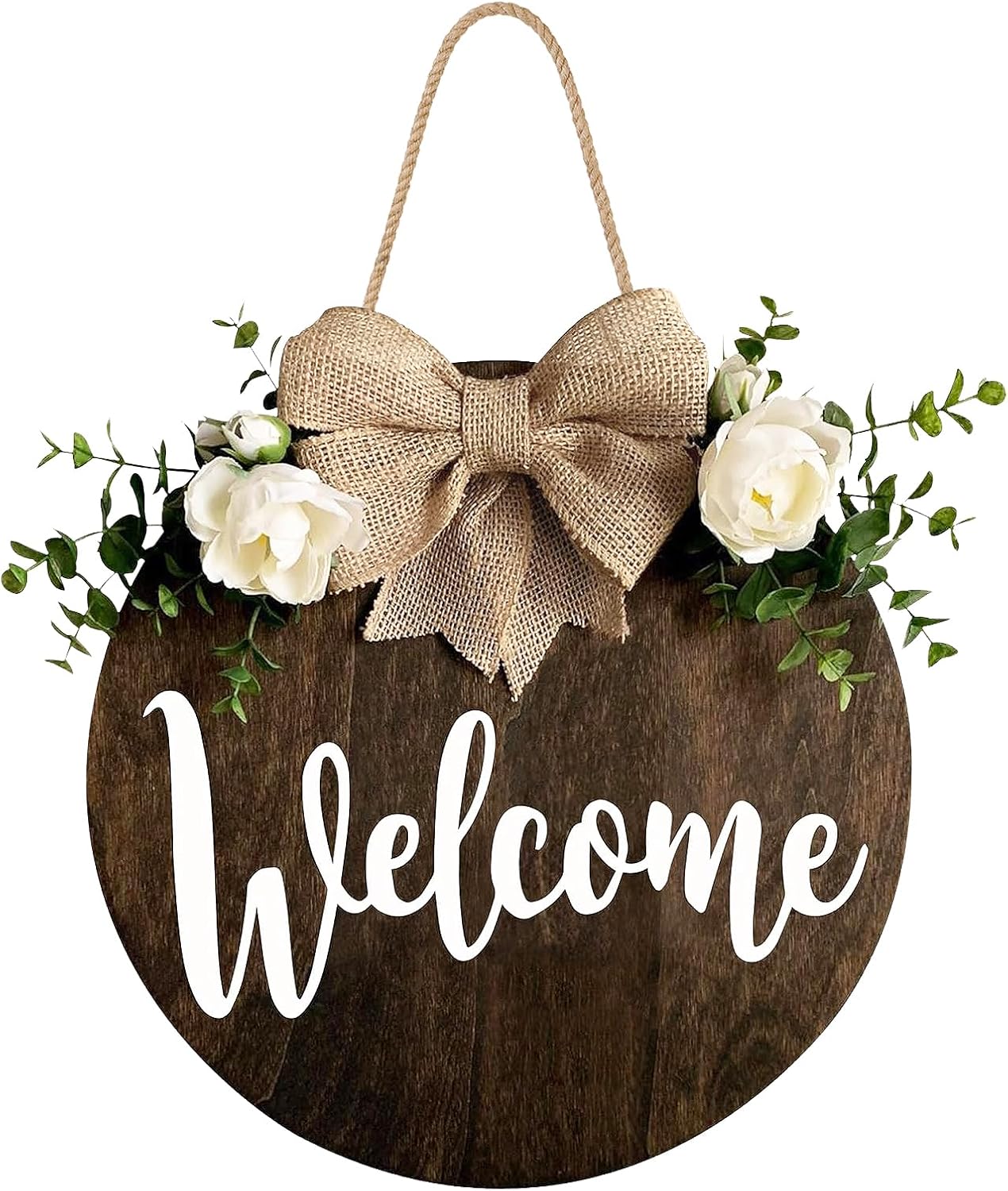 MayAvenue Welcome Wreaths Decor Sign, Round Wood Hanging Sign with Ribbon Bow and Green Leaves for Front Door