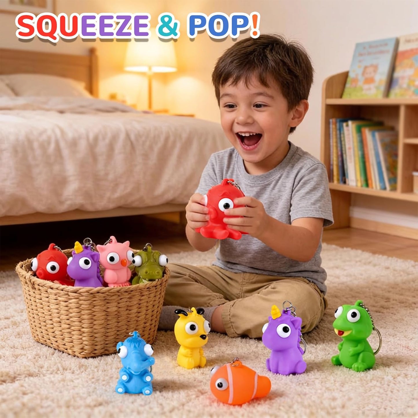 HOZUZER 32 Packs Squishy Toys Kids Party Favors - Popping Eyes Animal Keychains, Fidget Toys Bulk for Kids Birthday