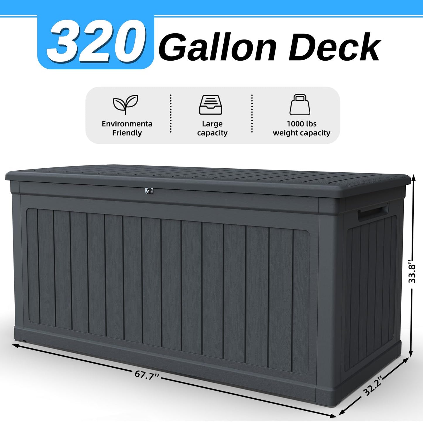 KDYMOD 320 Gallon Outdoor Storage Deck Box, Waterproof Resin Deck Boxes with Handle & Lockable for Patio Furniture, Garden & Pool Tools -Swimming Pool, UV Resistant, Black (320)