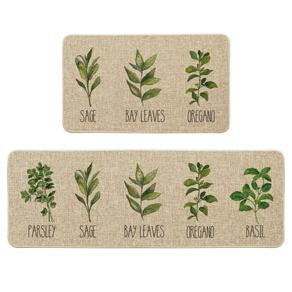 Artoid Mode Parsley Sage Oregano Basil Bay Leaves Decorative Kitchen Mats Set of 2, Seasonal Holiday Party Low-Profile Floor Mat for Home Kitchen - 17x29 and 17x47 Inch