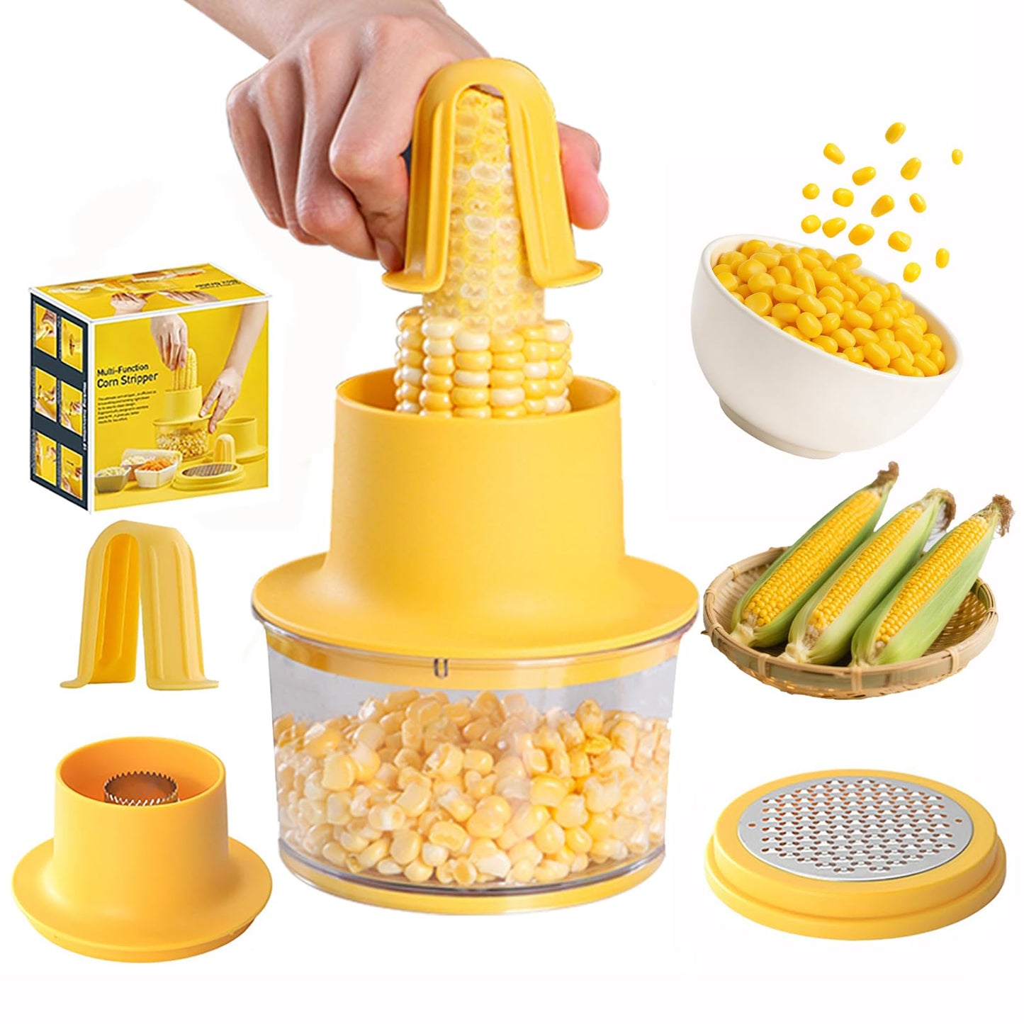 AACGIN Corn Cob Stripper, Corn Peeler for Corn on the Cob, Quick Corn Cutter Tool, Corn shucker off the Cob with Bowl & Safety Handle [Yellow]