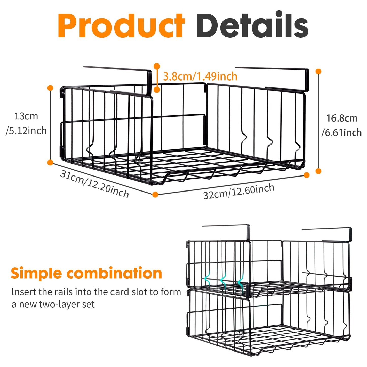 Under Shelf Storage Baskets, Foldable Carbon Steel Under Cabinet Basket for Kitchen Cabinets Pantries Bookshelves Desk, Space-Saving Storage Solution (Black, 2 Pack)