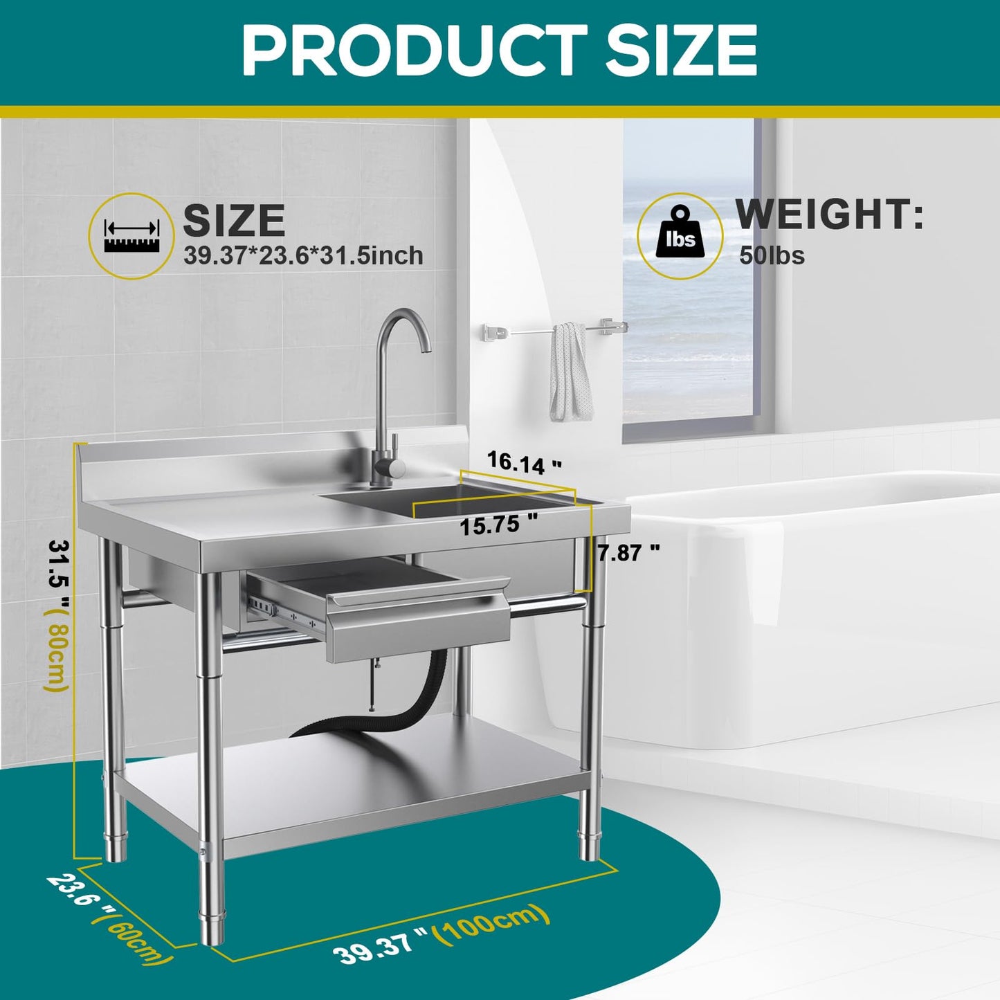 Stainless Steel Utility Sink, Commercial Kitchen Sink, 40'' Free Standing Single Bowl Sink with Drawer & Cold and Hot Water Pipe for Kitchen Laundry Room Farmhouse Indoor and Outdoor