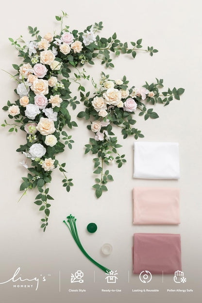 Ling's moment Wedding Arch Flowers with Drapes Kit-Pack of 5, 2pcs Flower Arrangements 3pcs Sheer Hanging Drapes White Ceremony Arbor Backdrop Artificial Rose Floral Decorations, Blush Cream