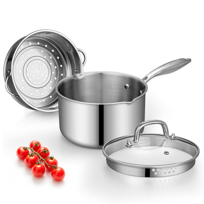 Tri-Ply Stainless Steel Sauce Pan with Steamer Basket & Straining Glass Lid — Heavy-Duty,Thick Base,Rust-Resistant,Warp-Free —100% Food-Grade —Built to Last– Works with All Stovetops, Pasta Pot 2 QT