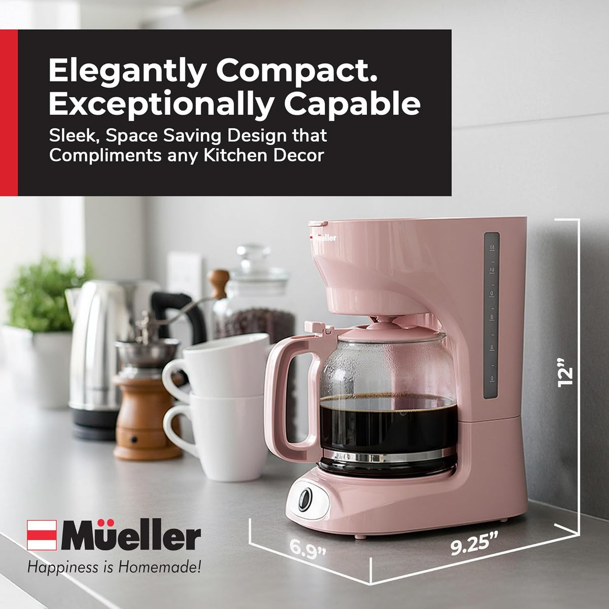 12-Cup MUELLER HOME Pink Coffee Maker - Borosilicate Carafe, Auto-Off, Pink Kitchen Accessories, Reusable Filter