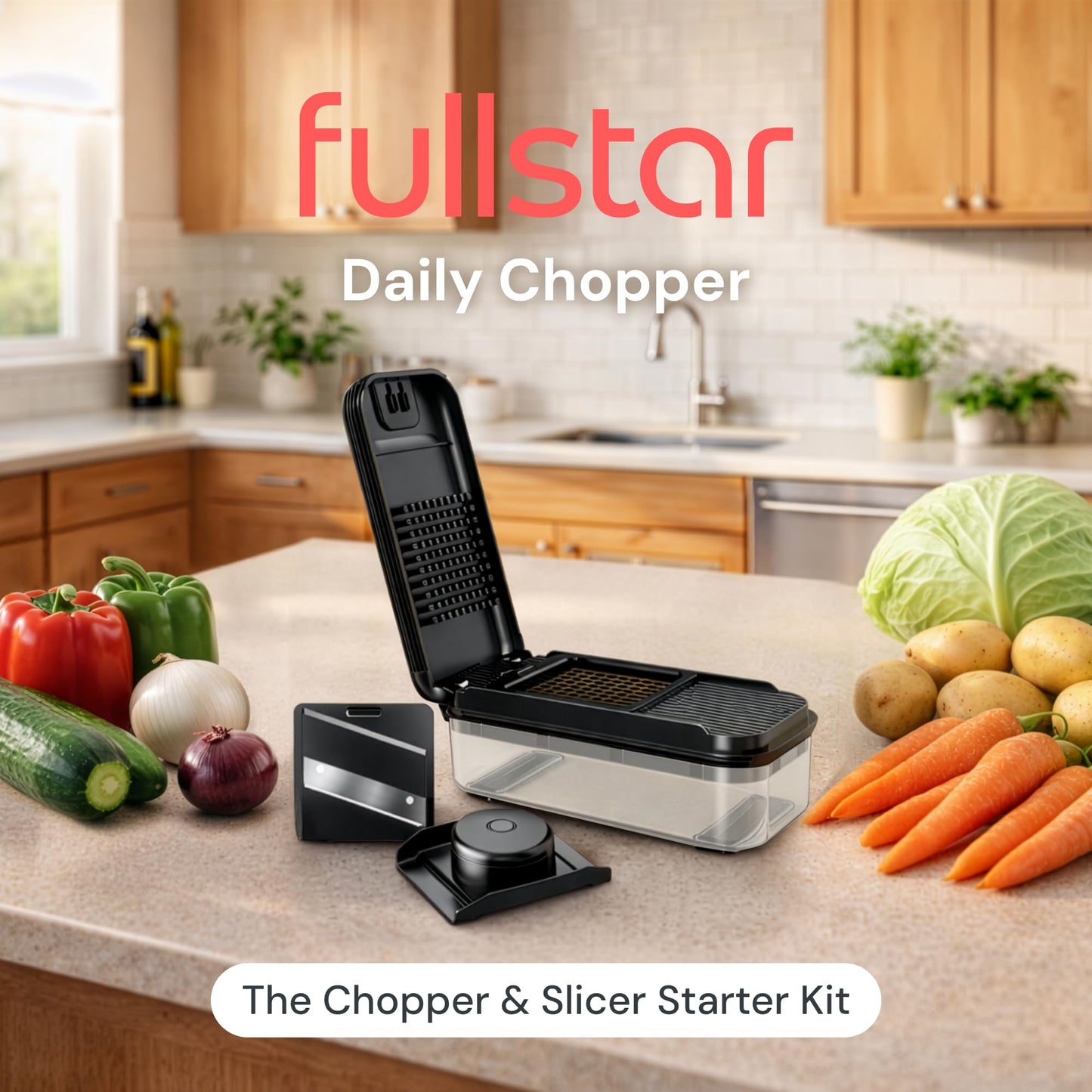 Fullstar Daily Vegetable Chopper and Mandoline Slicer - Kitchen Gadgets - Food Chopper with Container, Veggie Chopper, Fruit Cutter, Onion Dicer, Potato and Tomato Slicer for Salads (2-in-1, Black)