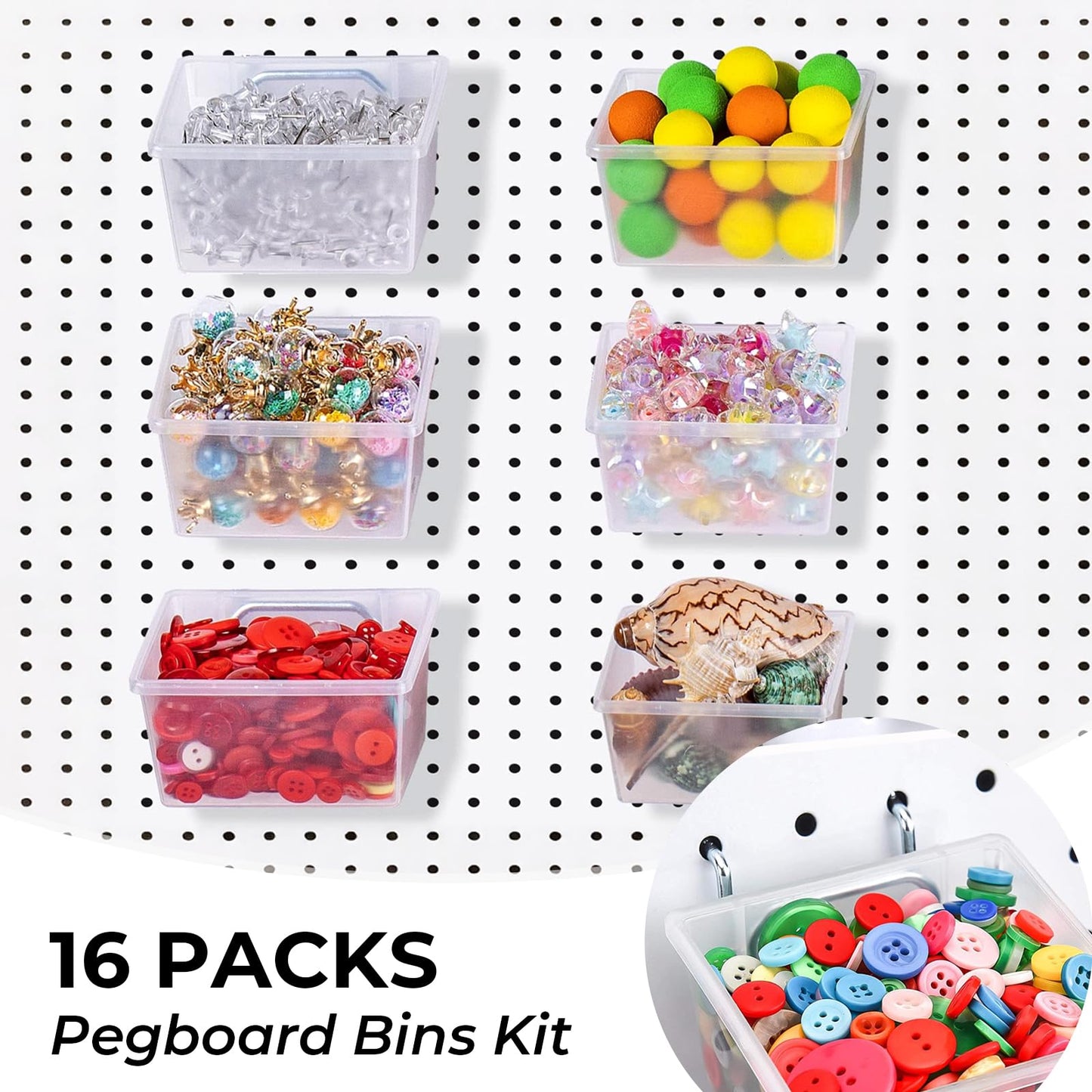 mekueeex 16 Set Clear Peg Board Bins and Baskets Pegboard Organizer Accessories with Hooks Pegboard Containers Wall Sticker Label and Pen for Craft Storage Tool Organizer Garage Storage