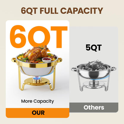 Gold Chafing Dishes for Buffet Set of 4 Pack, 6QT Round Buffet Servers and Warmers Set with 4 Spoons, 4 Slotted Spoons, 4 Tongs, 2 Gloves, Chafers and Buffet Warmers Sets for Wedding, Birthday,Party