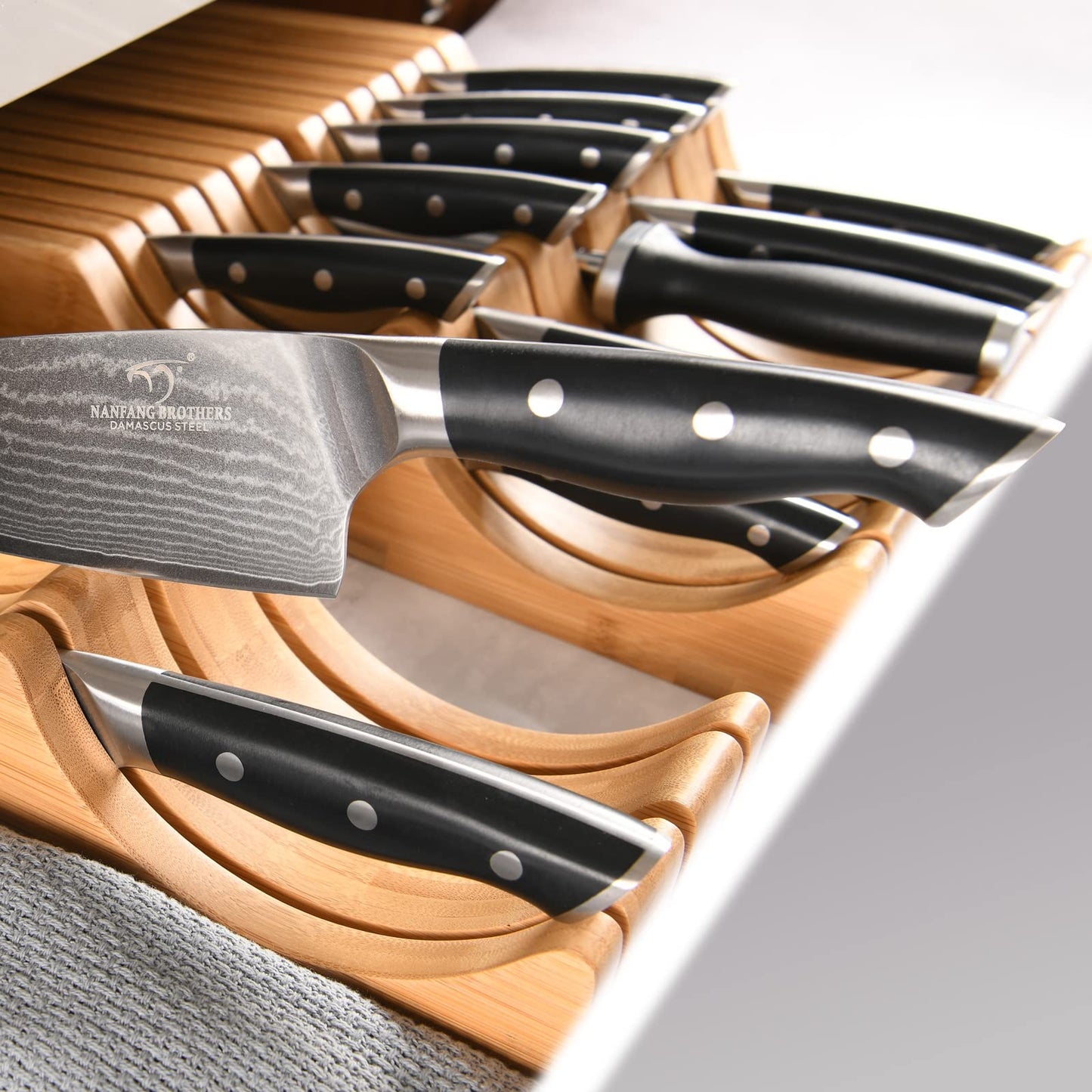In-Drawer Knife Block with 12 Pieces Japanese Damascus Knives and Sharpener, Bamboo Knife Drawer Organizer with 67-Layer Damascus Steel, Slots for 13 Knives Kitchen Drawer, Counter Top