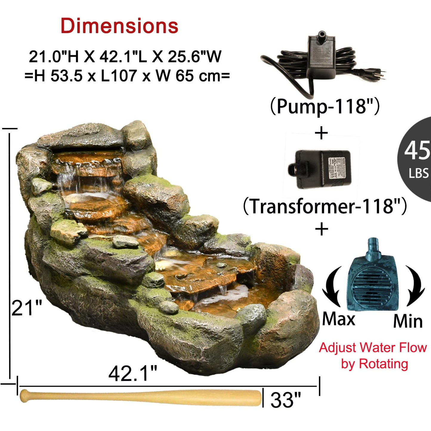 Bumilgar Garden Outdoor Water Fountain, 42.1" L Floor Standing Tiered Rock Outdoor Fountains with LED Lights and Pump for Garden, Backyard, Deck, Patio, Porch and Home Art Decor