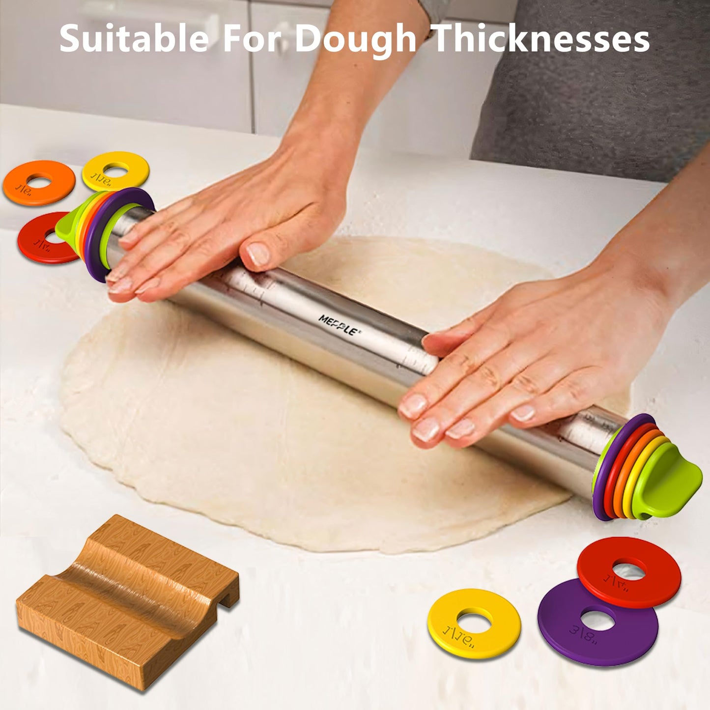 Mepple Stainless Steel Rolling Pin with Thickness Rings for Fondant, Pizza, Cookie, Pastry, Pie,Roller Rod for Dough Thickness,Rolling Pin for Baking, 13.6" with 4 Thickness Rings and Wooden Stand