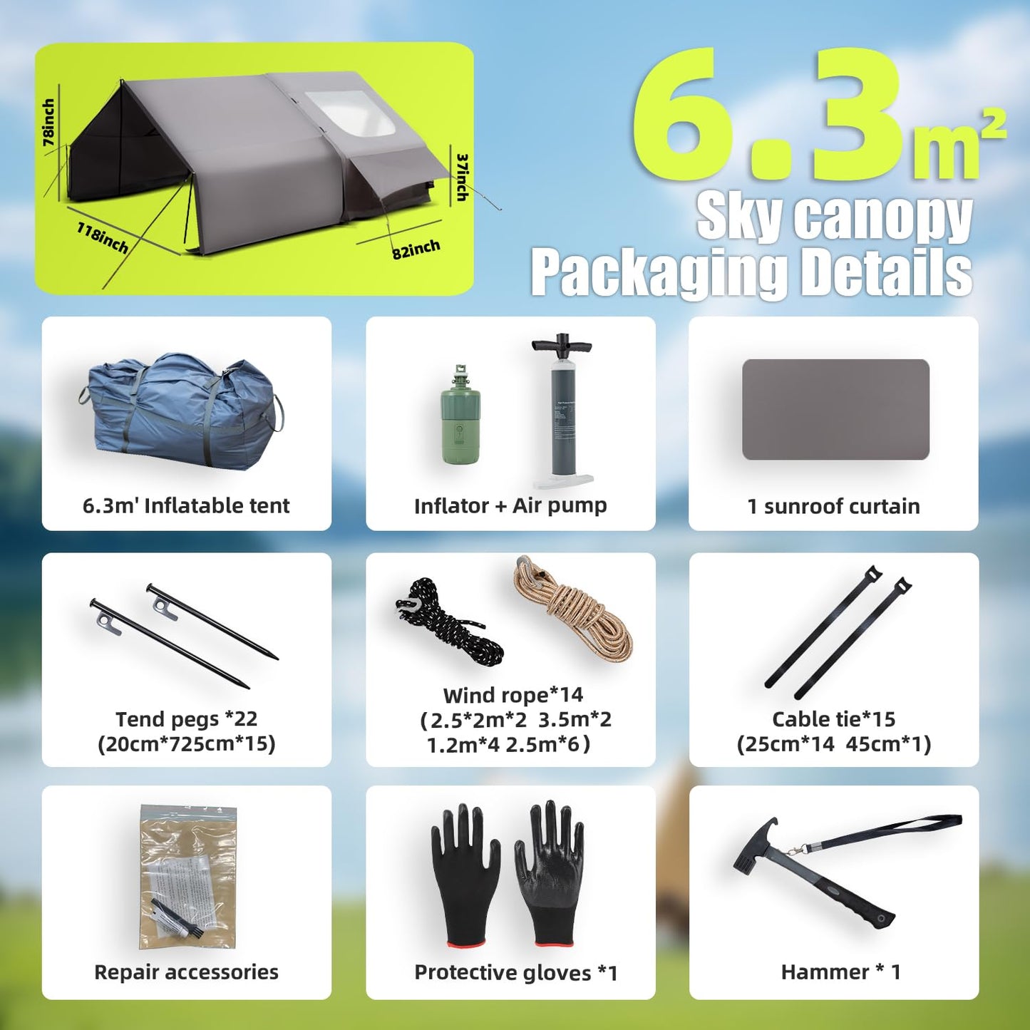 Inflatable Camping Tent Tarps for 4-6 Person, with Electric Air Pump, Extended Canopy, 4 Season Waterproof Windproof, Clear Skylight & 420D Oxford Waterproof, Air Tent with Mesh Windows/Doors
