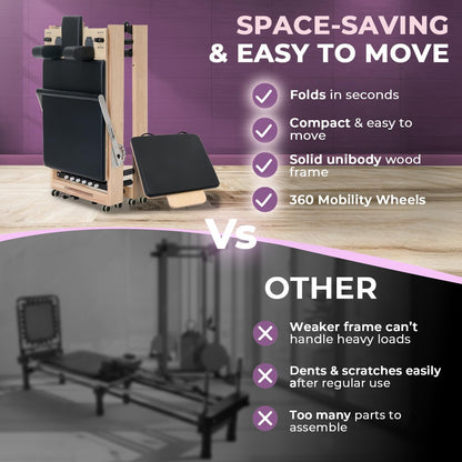 Airlithe Foldable Pilates Reformer Machine for Home Workouts – Wooden Pilates Reformer Equipment with 360° Wheels, Reformer Box, Jump Board & Foot Board | 70+ Guided Workouts