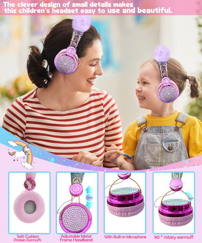 SVYHUOK Cat Ear Wireless Headphones for Kids with Mic, Bluetooth Over Ear Headset for School Cellphone Smartphones Laptop PC LED Light,Wired Headset for School Home (Violet Ball)
